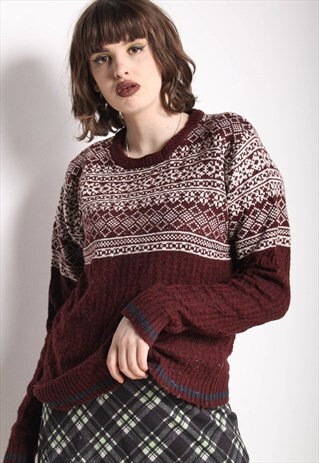 VINTAGE JAZZY ABSTRACT CRAZY PATTERNED JUMPER MAROON [RL]