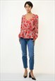 VINTAGE WOMAN CLASSIC FLORAL RED BLOUSE LONG SSLEEVE 3319