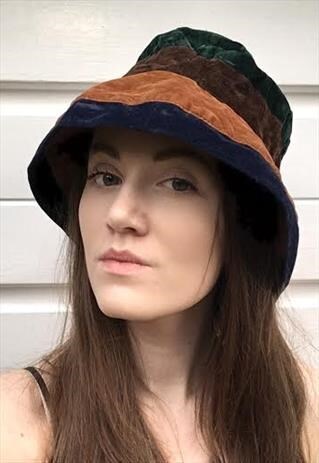 UNISEX VINTAGE 80S BUCKET HAT FAUX SUEDE BROWN GREEN BLUE