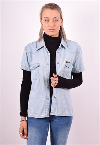WRANGLER WOMENS VINTAGE DENIM SHIRT LARGE BLUE 90S