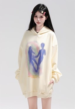 Thermal print hoodie psychedelic pullover grunge top cream