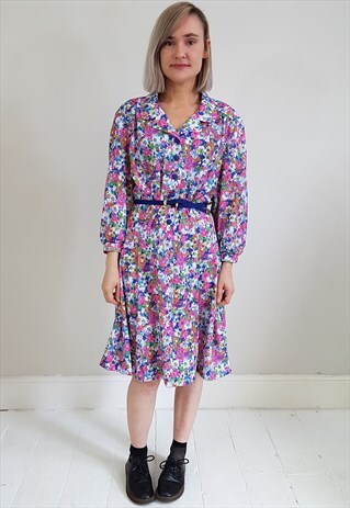 VINTAGE 70'S PINK AND BLUE FLORAL DRESS