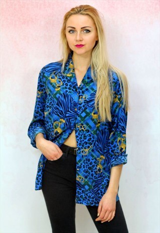 1980S VINTAGE BLUE LEOPARD AND CHAIN PRINT SLINKY SHIRT