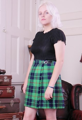 VINTAGE WOOL TARTAN SKIRT KILT GREEN