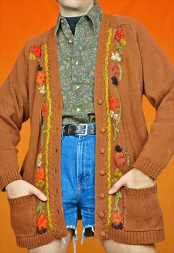 Vintage Chunky Knit Embroidered Floral Cottagecore Cardigan