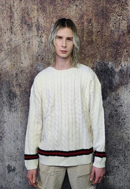 Cable knitwear sweater contrast stripe retro jumper in white
