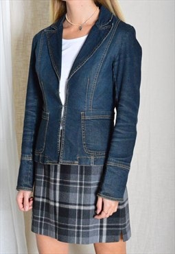 Y2K Navy Blue Denim Grunge Blazer With Hook Loops