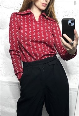 Vintage 70s Red Printed Blouse With Butetrfly Collar 