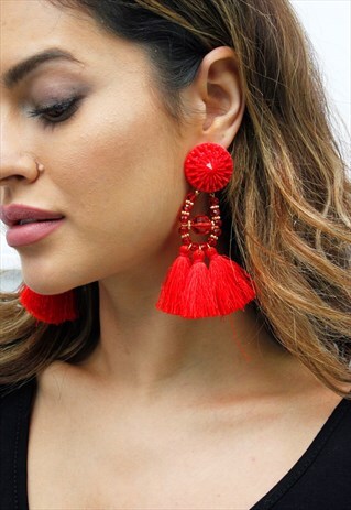 RED TASSEL FRINGE BEADED CHANDELIER DROP EARRINGS