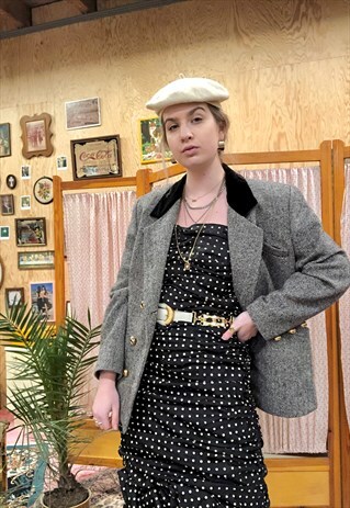 VINTAGE 80S 90S TWEED BLAZER WITH VELVET DETAILS