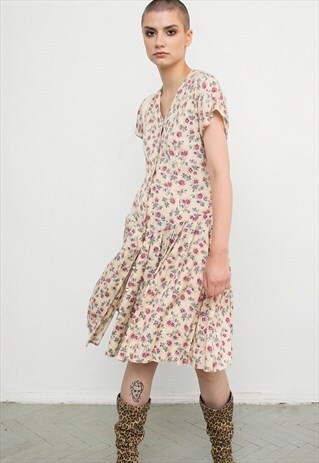 VINTAGE FLORAL PATTERN 80S BUTTON UP SHIRT MIDI SUNDRESS