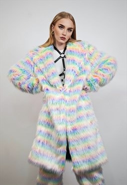 Striped faux fur coat longline pastel stripe carnival jacket