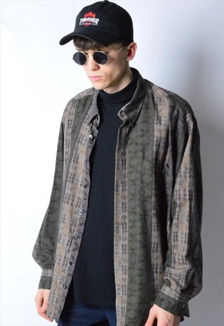VINTAGE 90S KHAKI ABSTRACT GRUNGE LONG SLEEVE SHIRT