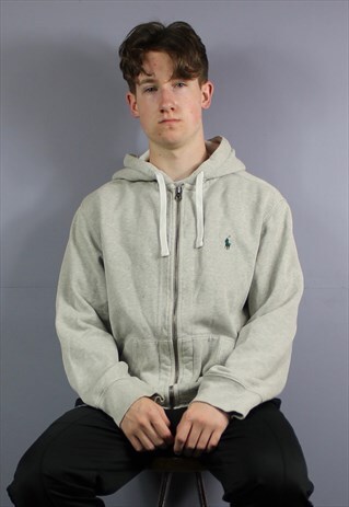 VINTAGE POLO RALPH LAUREN HOODIE IN GREY WITH EMBROIDERED LO