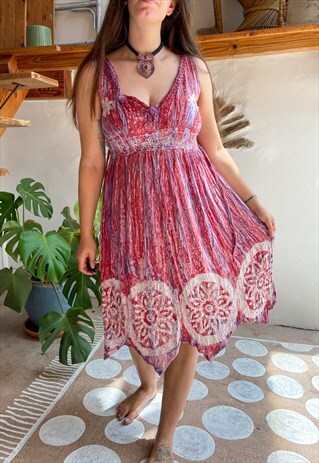 VINTAGE 90'S TIE DYE PINK EMBROIDERED MIDI DRESS - S/M