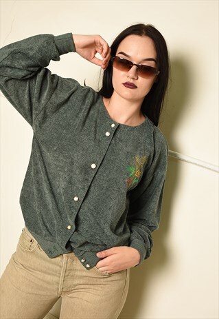 VINTAGE 80S RETRO SLOUCHY CARDIGAN SWEATSHIRT IN GREEN TERRY