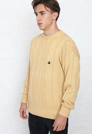 VINTAGE BEIGE GANT RUGGER ROUND NECK KNIT JUMPER