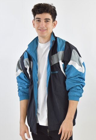 VINTAGE BLACK BLUE ADIDAS 90S TRACKSUIT TOP JACKET
