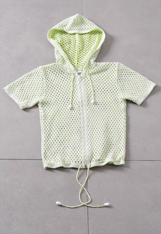 VINTAGE 90S PASTEL GREEN CROCHET HOODED SHORT SLEEVE TOP
