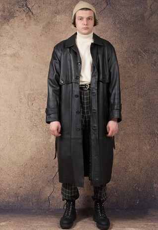 ITALIAN VINTAGE, FANTASTIC MEN'S BLACK LEATHER TRENCH COAT