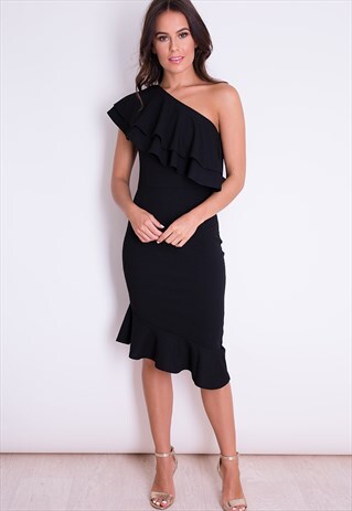 BELLA ONE SHOULDER FRILL MIDI DRESS BLACK