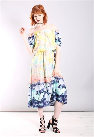 VINTAGE 70S ABSTRACT PATTERNED BARDOT MIDI DRESS