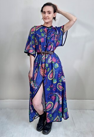 VINTAGE 90'S BLUE PAISLEY BUTTON DOWN DRESSING GOWN DRESS