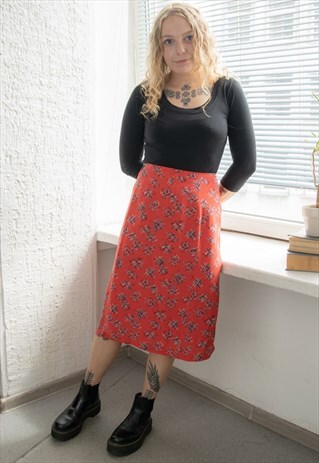 VINTAGE 70'S RED MIDI ABSTRACT PRINT MIDI SKIRT
