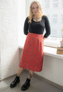 Vintage 70's Red Midi Abstract Print Midi Skirt