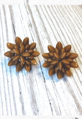 1950S VINTAGE BROWN FLORAL BURST EARRINGS