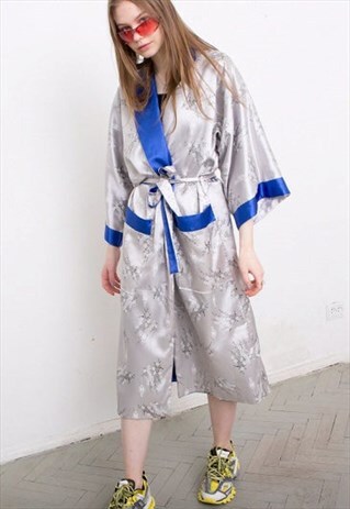VINTAGE REVERSIBLE WRAP KIMONO ROBE EMBROIDERY DRAGON DRESS