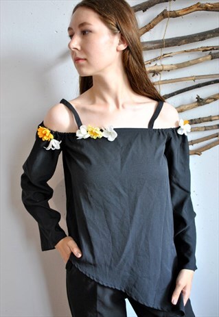 VINTAGE FLORAL LACE BLOUSE, 90S BOHO FLOWERS BLACK SHIRT