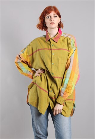 VINTAGE 90S BRIGHT CHECK OVERSIZE LONG SHIRT