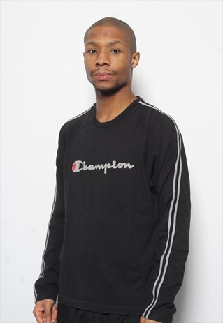 VINTAGE CHAMPION BIG LOGO SPELLOUT LONG SLEEVE T-SHIRT BLACK