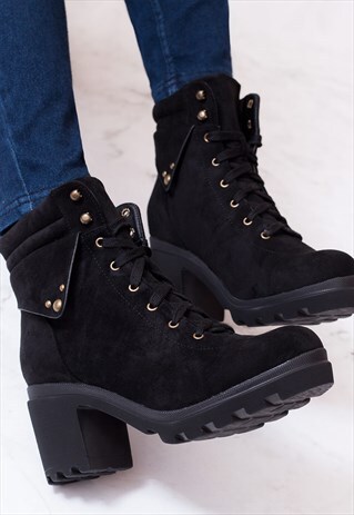 BLOCK HEEL ANKLE BOOTS IN BLACK SUEDE STYLE - RANGER THREE