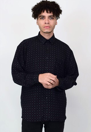 VINTAGE 90'S BLACK GREY & RED PRINTED LONG SLEEVE SHIRT