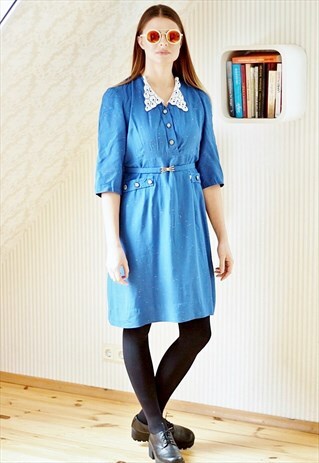 BLUE BELTED CROCHET COLOLAR DRESS