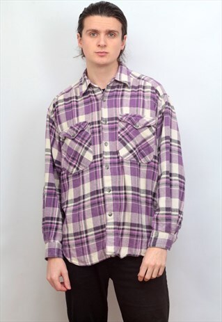 1990'S VINTAGE THICK CHECK COTTON SHIRT IN PURPLE