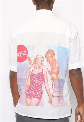 VINTAGE COCA COLA PRINT BUTTON SHIRT WHITE