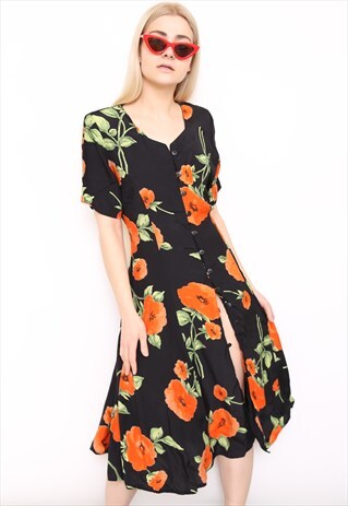 VINTAGE 90S POPPY FLORAL PRINT MIDI DRESS