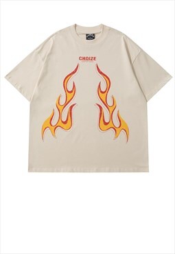 Flame print t-shirt burning fire tee grunge top in off white