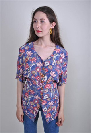 80S FLORAL PRINT TIE BOHO BLOUSE, SIZE M