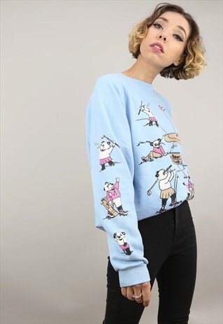 VINTAGE 80S OVERSIZED BLUE PANDA GOLF SWEATER SWEATSHIRT