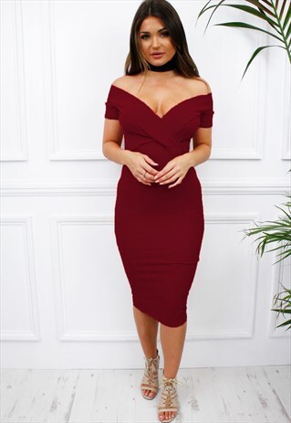 BURGUNDY SHORT SLEEVE CROSSOVER BARDOT MIDI BODYCON DRESS