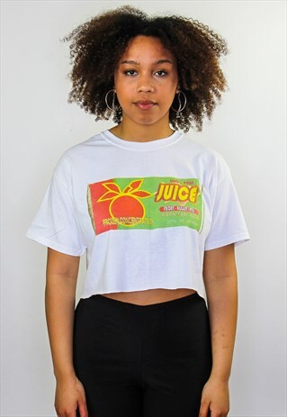 JUICE CROPPED GRAPHIC PRINT 90S RAVE, FESTIVAL T-SHIRT WHITE