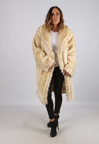 VINTAGE FAUX FUR COAT JACKET MID LONG UK 18 XXL (CJ3C)