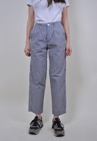 VINTAGE PLAID PANTS, 90S WHITE BLACK CROPPER STRAIGHT PANTS