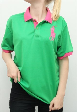 RALPH LAUREN - EMBROIDERED GREEN/PINK POLO SHIRT - MEDIUM