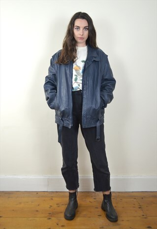 1980S VINTAGE BLUE GREY ZIPPED LEATHER JACKET