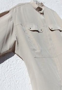 Vintage beige long sleeved button down mandarin collar shirt